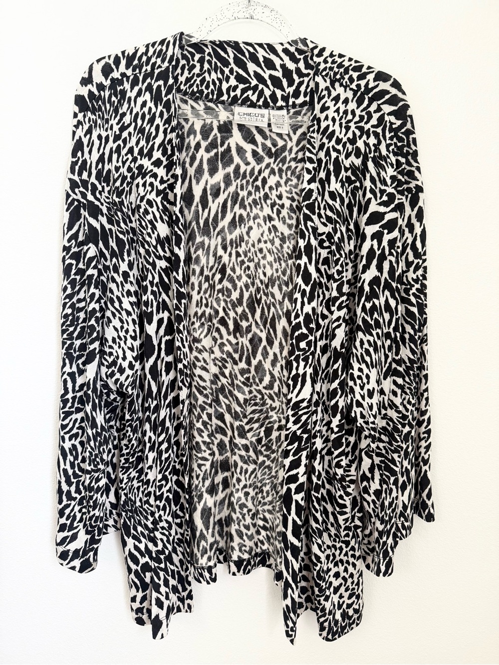 Chico's Traveler Cardigan Kimono Women 3 / XL Animal Print Open Front Black Whit
